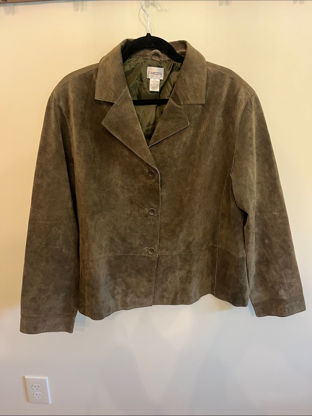 Chico's Olive Suede Button-Front Blazer